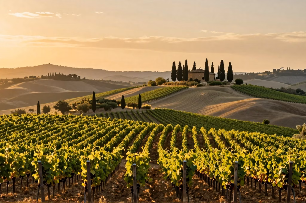 Panorama des vignobles du Chianti en Toscane avec rangées de vignes et collines au coucher du soleil