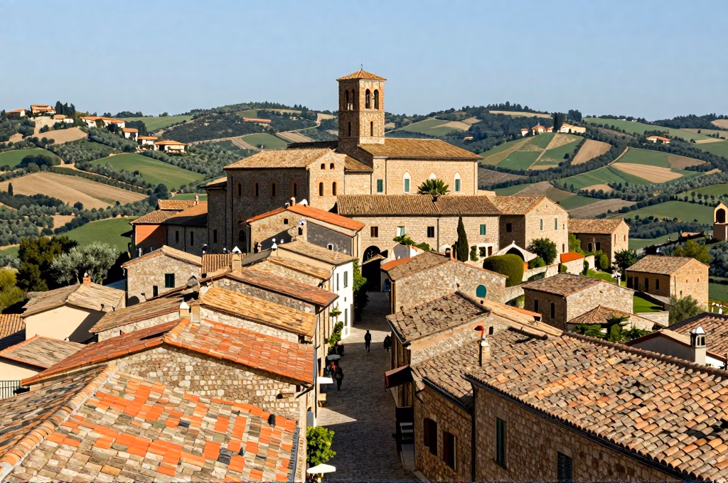 Village perché italien traditionnel avec maisons en pierre et toits en terre cuite
