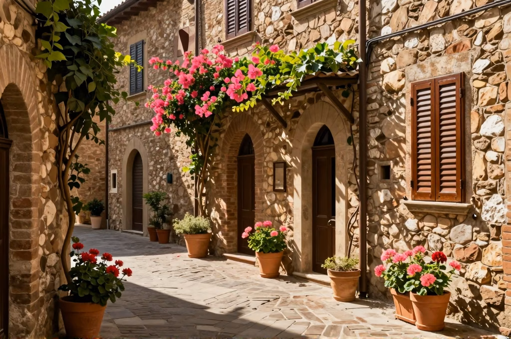 Ruelle pittoresque en pierre dans le village medieval de Panzano in Chianti avec fleurs et volets en bois