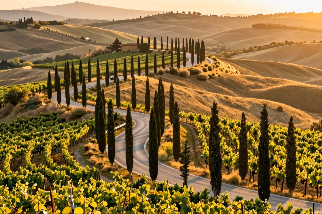 Route sinueuse bordee de cypres traversant les vignobles du Chianti en Toscane au coucher du soleil