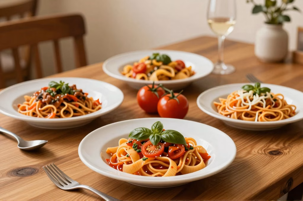 Table italienne authentique avec pâtes fraîches, tomates et basilic, expérience culinaire en Italie
