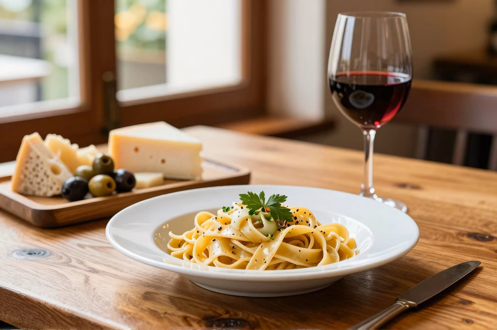 Cuisine italienne authentique avec pâtes fraîches et antipasti sur table en bois rustique